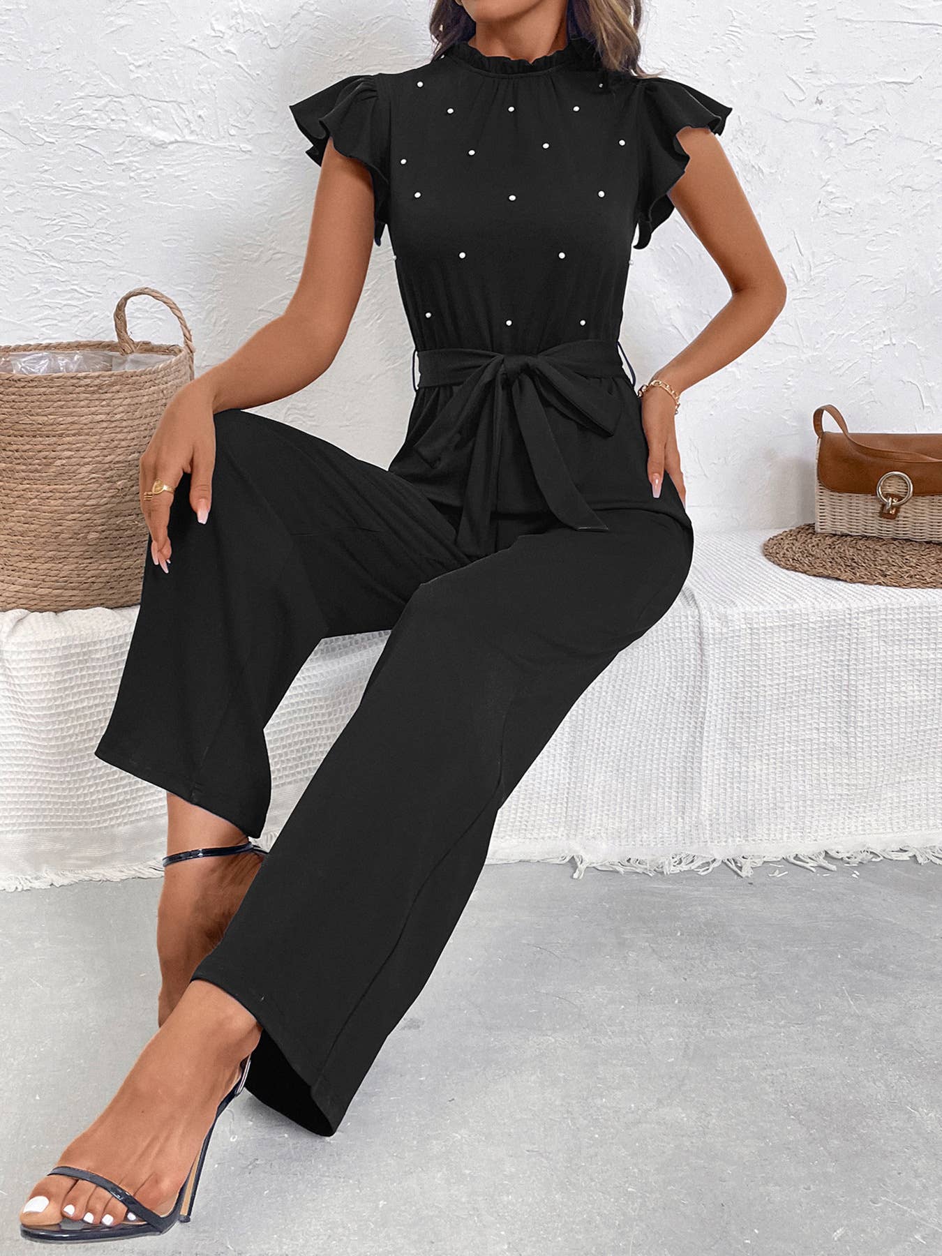 Flying sleeve stand-up high-waisted jumpsuit