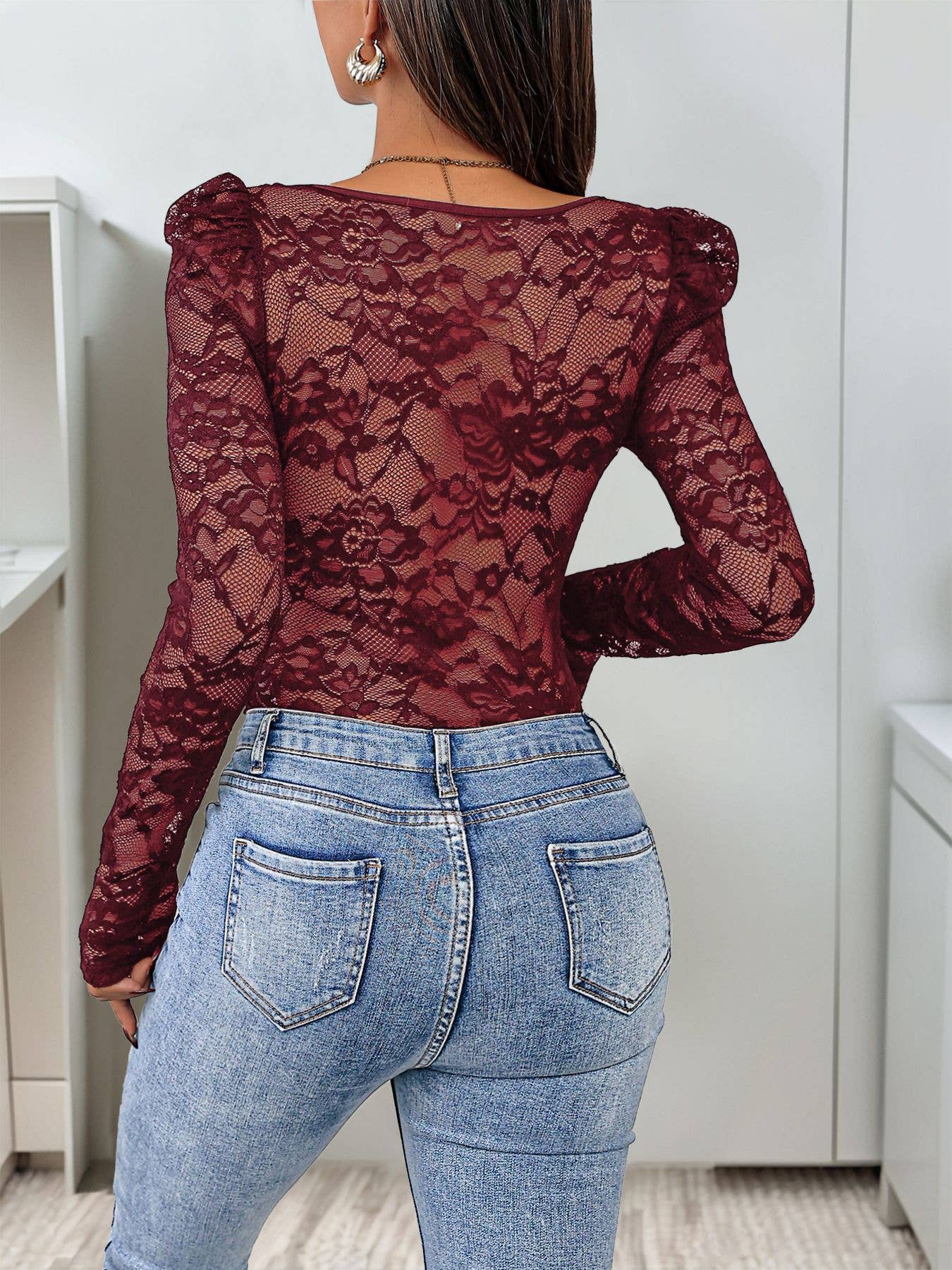 Elegant sexy lace patchwork square neck bodysuit