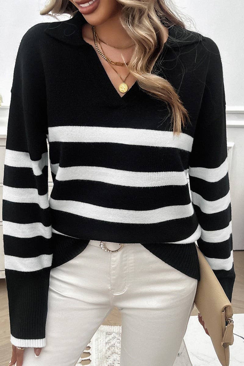 CWOSWL6816_CASUAL LOOSE STRIPED CONTRAST COLLAR SWEATER