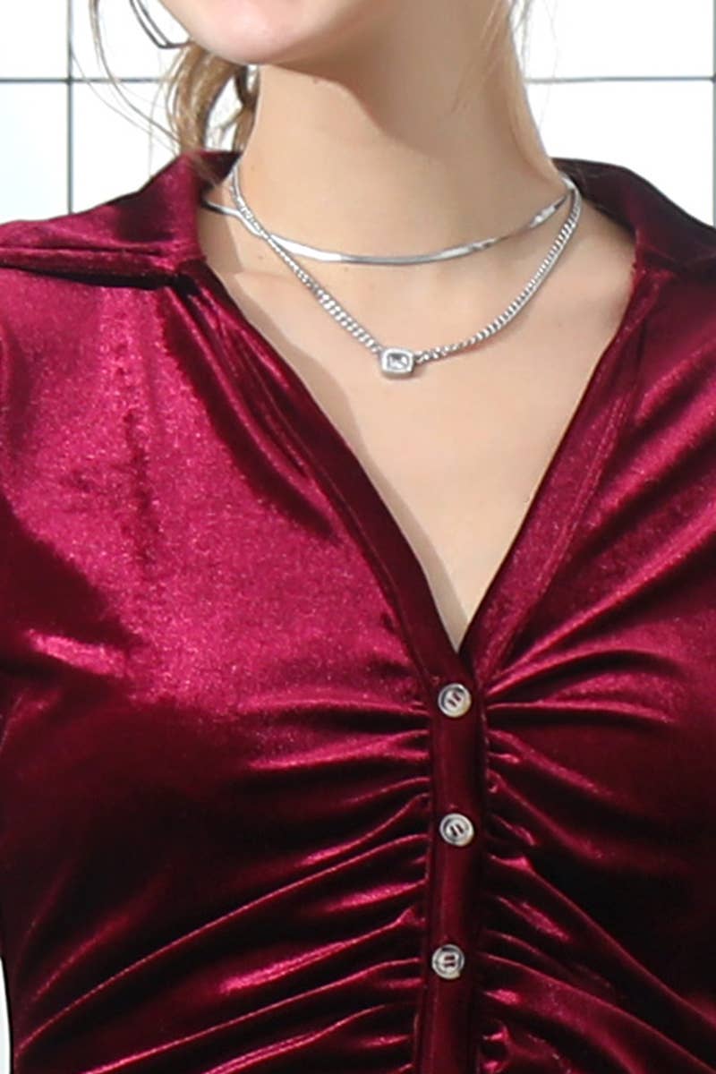 CWTTL1011_BUTTON DOWN PLACKET SHIRRING VELVET LONG SHIRT TOP