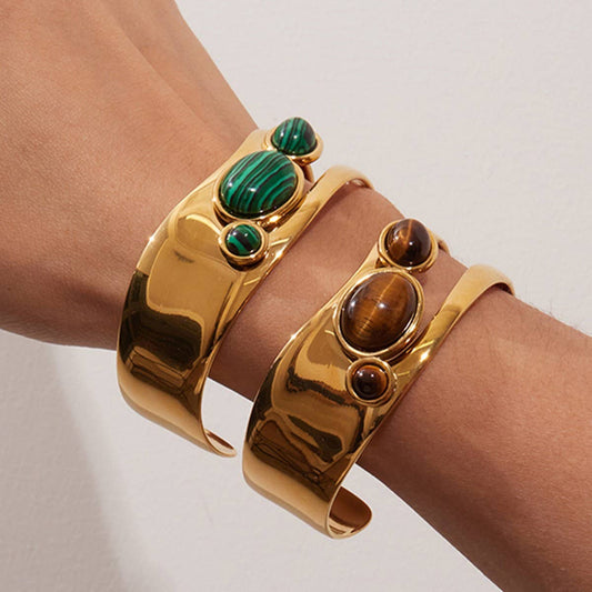 Hollow Pearl & Stone Open Cuff in Stainless Steel