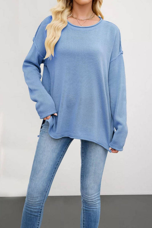 CWOSWL7018_SOLID COLOR ROUND NECK LOOSE PULLOVER SWEATER