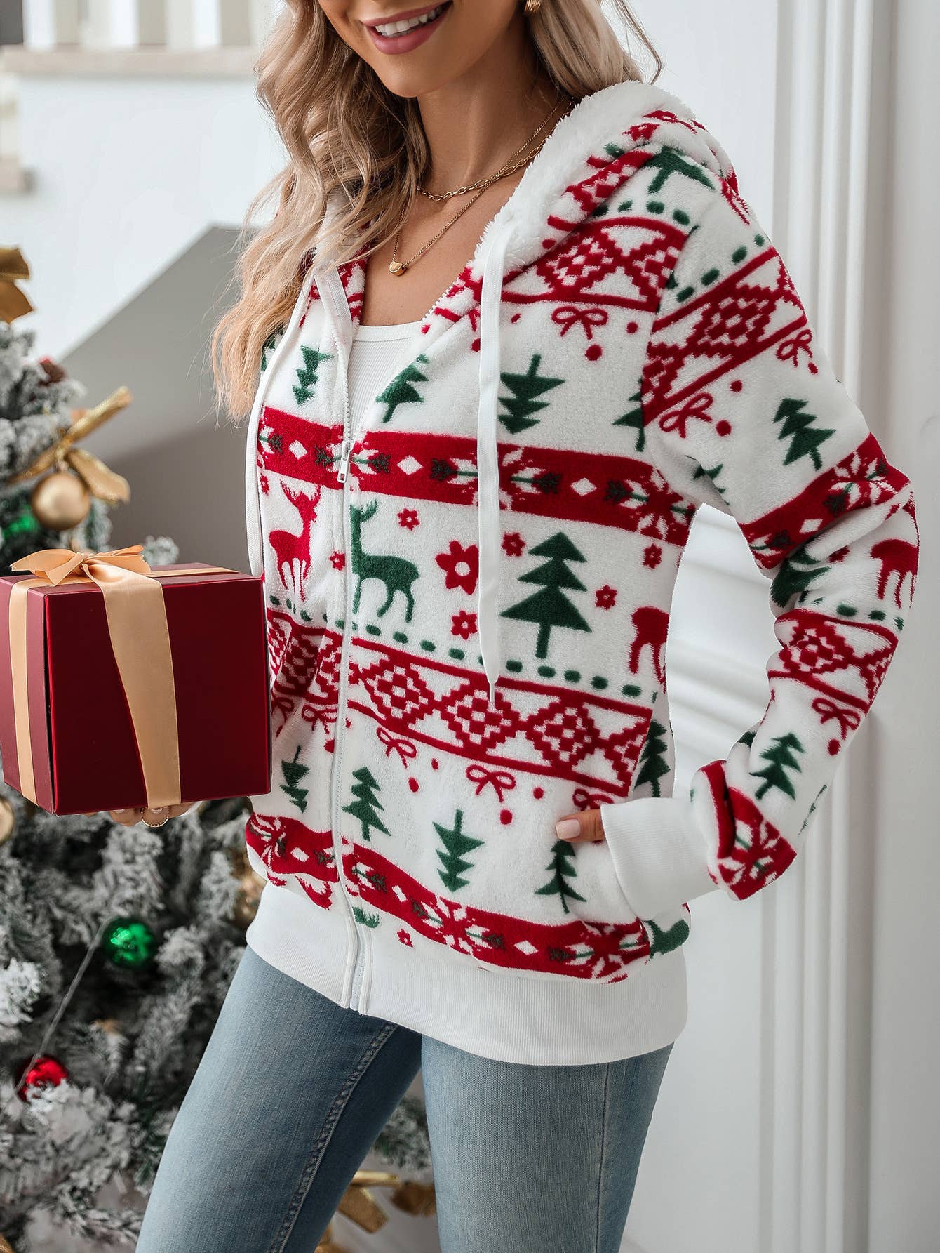 Cardigan Christmas print fleece coat