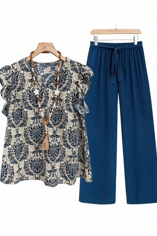 CWSS1104_LOOSE-FITTING RUFFLE SLEEVE FLORAL PRINT SUIT