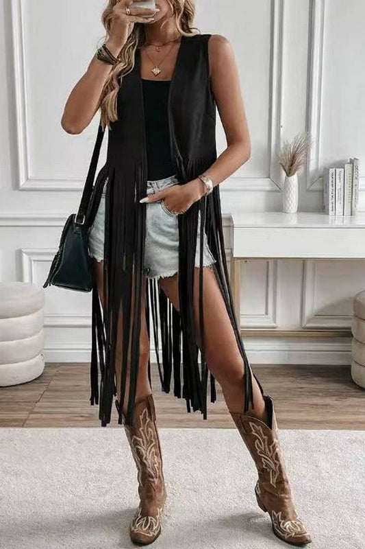 CWOCASL0057_BUTTONLESS FRINGED MID-LENGTH VEST JACKET
