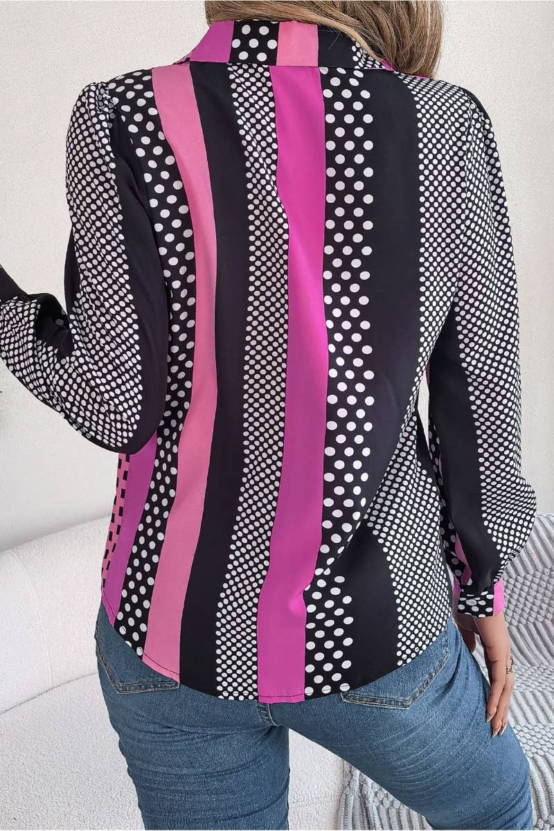 CWTSTL2129_AUTUMN POLKA DOT STRIPED LONG-SLEEVED SHIRT TOP