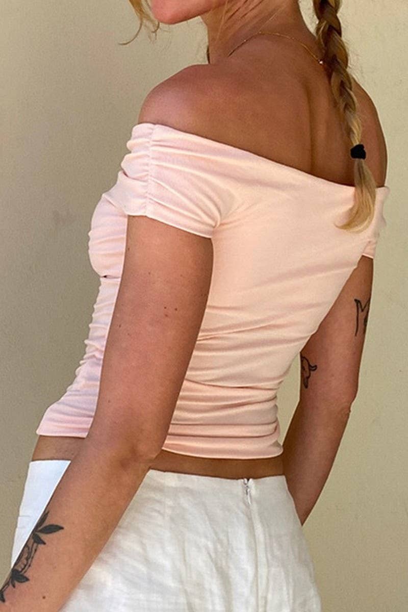 CWTBLSL0741_OFF SHOULDER RUCHED FRONT SEXY CROP TOP