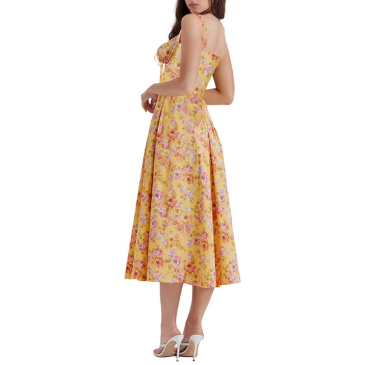 FLORAL FRENCH HIGH-WAISTED LONG HALTER DRESS