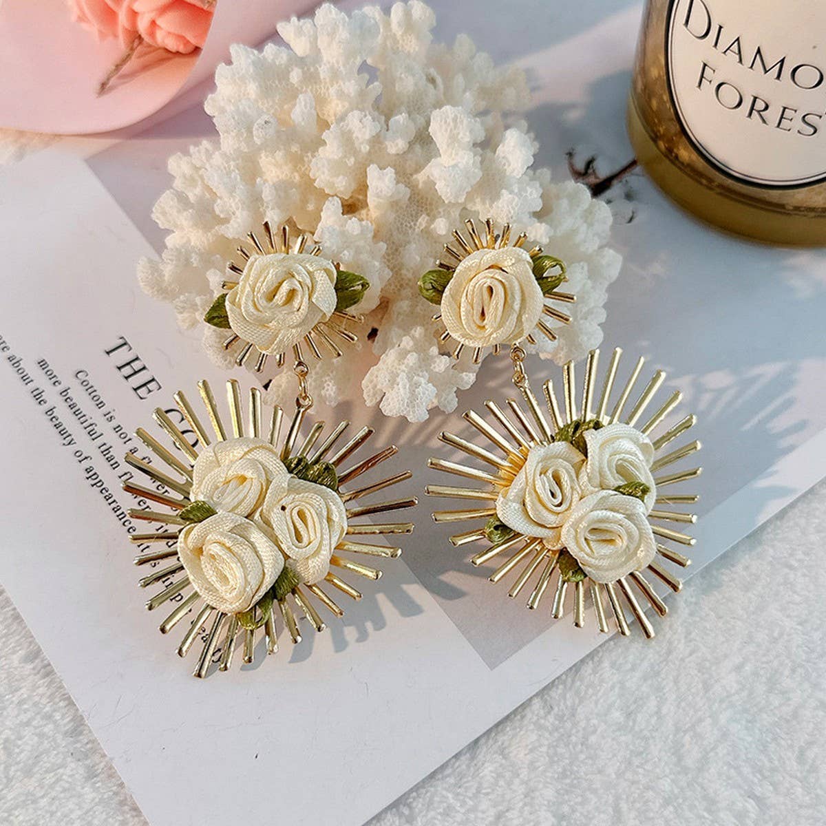 Handmade Fabric Flower Heart Earrings for Women