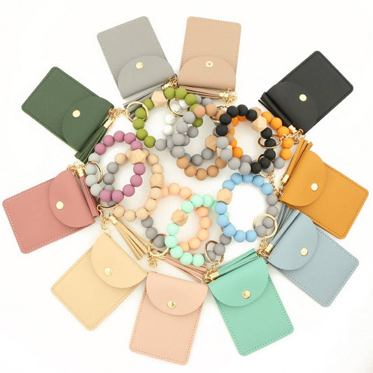 Solid PU Card Wallet with Tassel & Bead Strap_CWAB4967