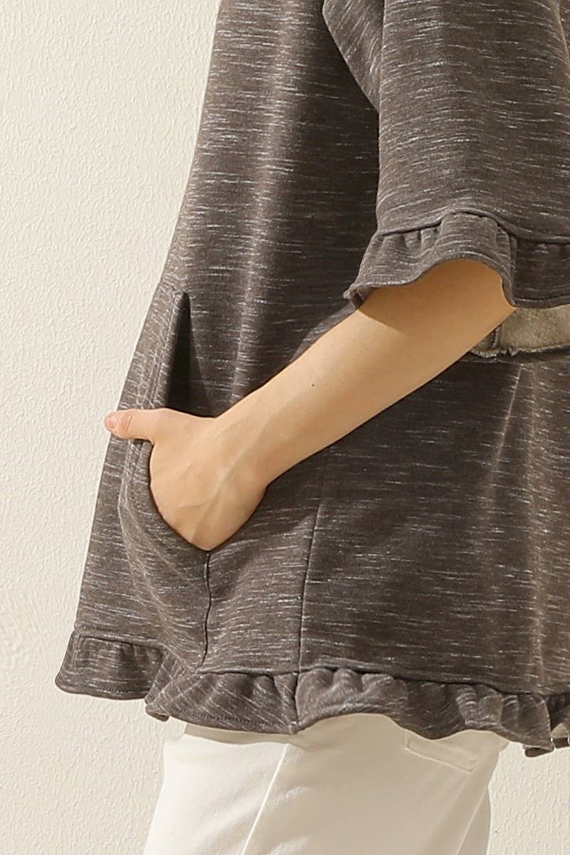 CWOHOL425_3/4 SLEEVE HOODIE SWEATSHIRT WITH KANGAROO POCKET