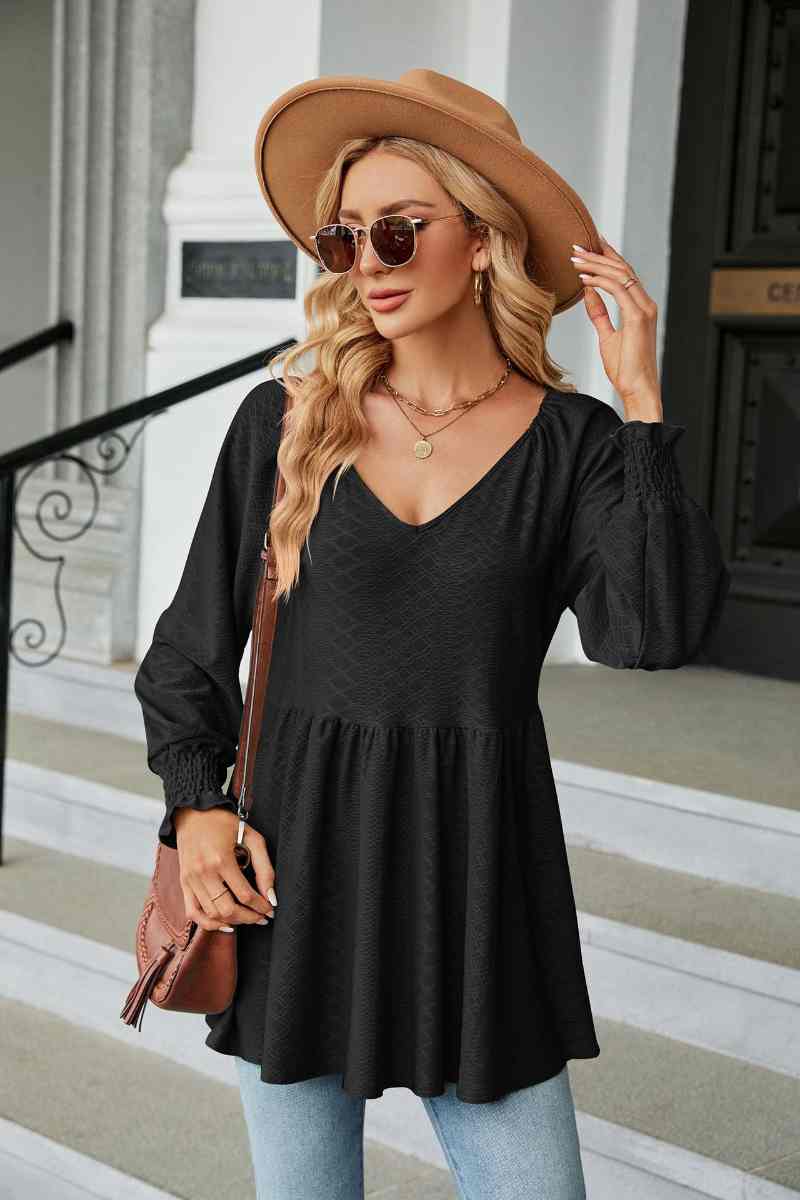 CWTBLL2836_V-NECK LONG SLEEVE PATCHWORK DRESS TOP