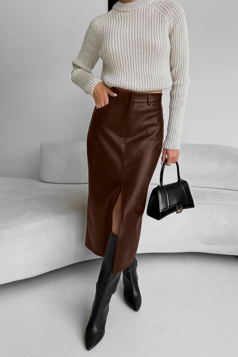 CWBMS0250_VINTAGE PLUS VELVET PU LEATHER SLIT SKIRT