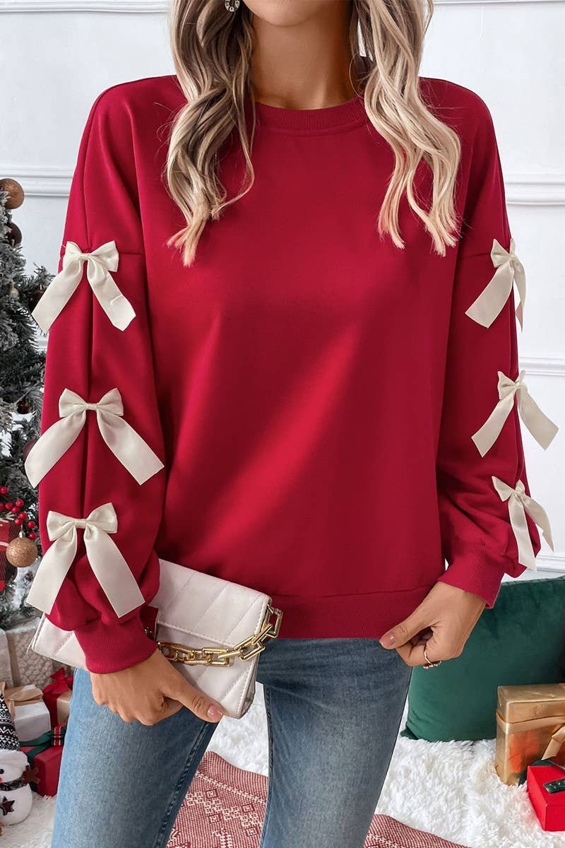 CWTBLL4035_RED BOW CREWNECK CHRISTMAS SWEATSHIRT