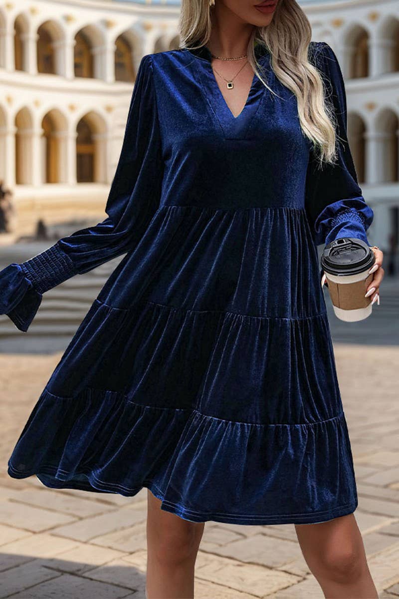 CWDMD3552_V-NECK LONG-SLEEVED SOLID COLOR VELVET DRESS