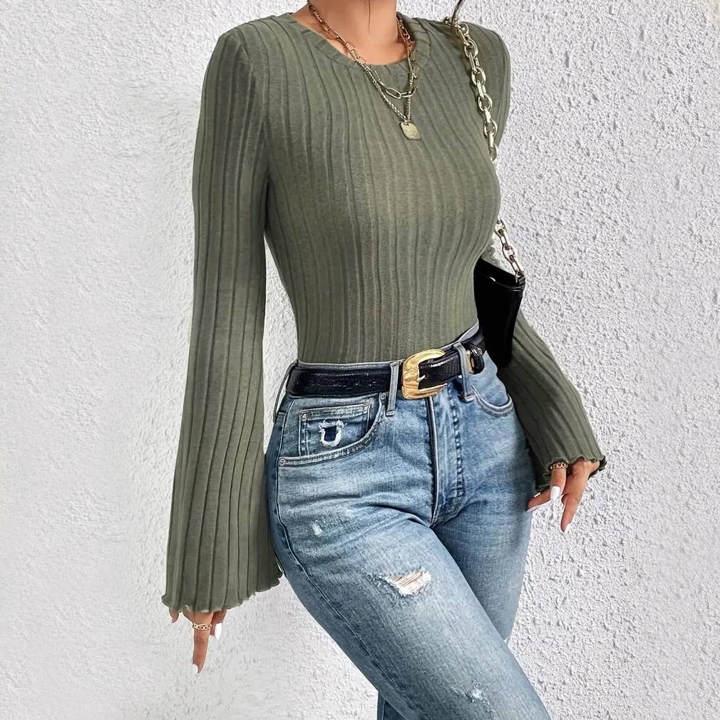 FLARED LONG-SLEEVED CREW NECK PULLOVER T-SHIRT