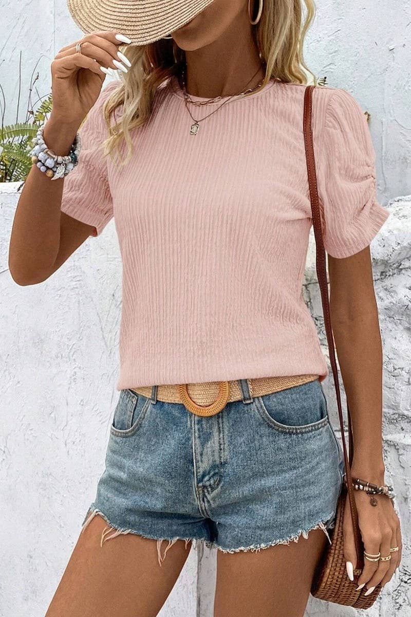 CWTBLS2262_RUCHED CREW NECK SHORT SLEEVE T-SHIRT