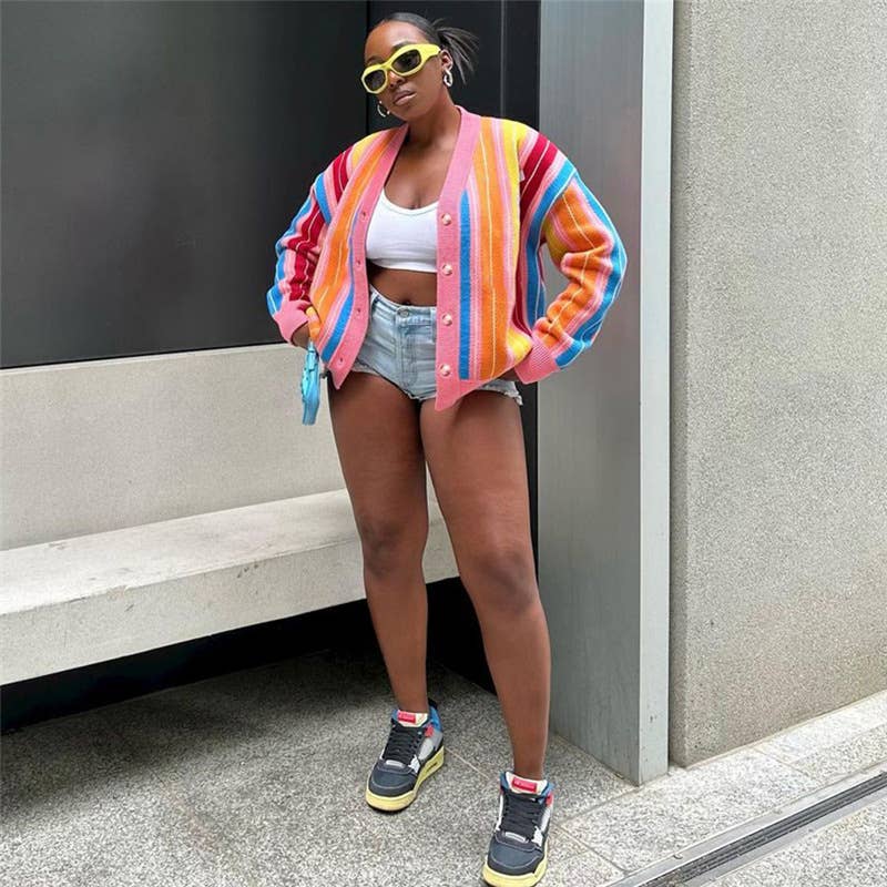 COLOR CONTRAST STRIPED LONG SLEEVE CARDIGAN