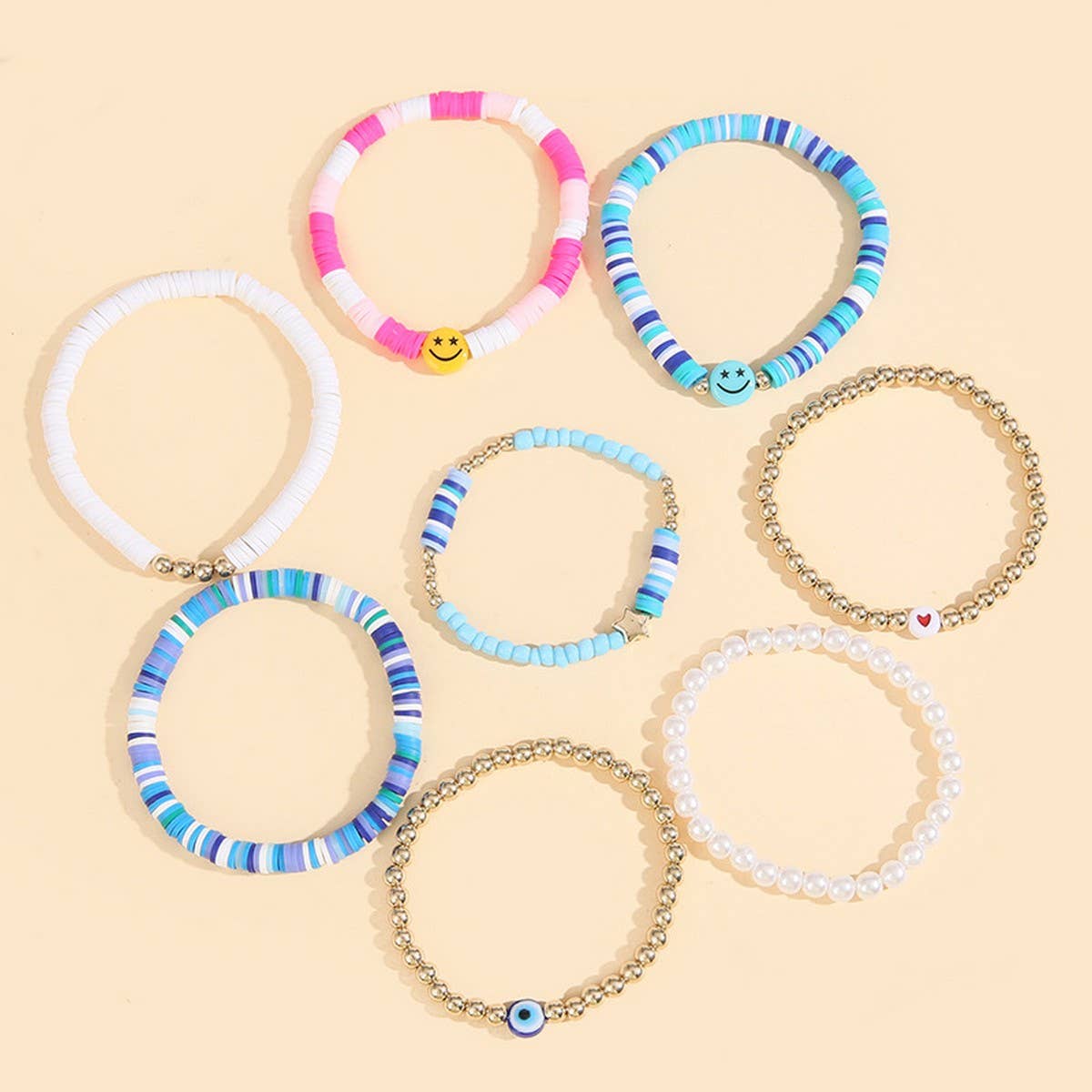 POLYMER CLAY HEART SMILEY FACE BRACELET SET_CWMM3515