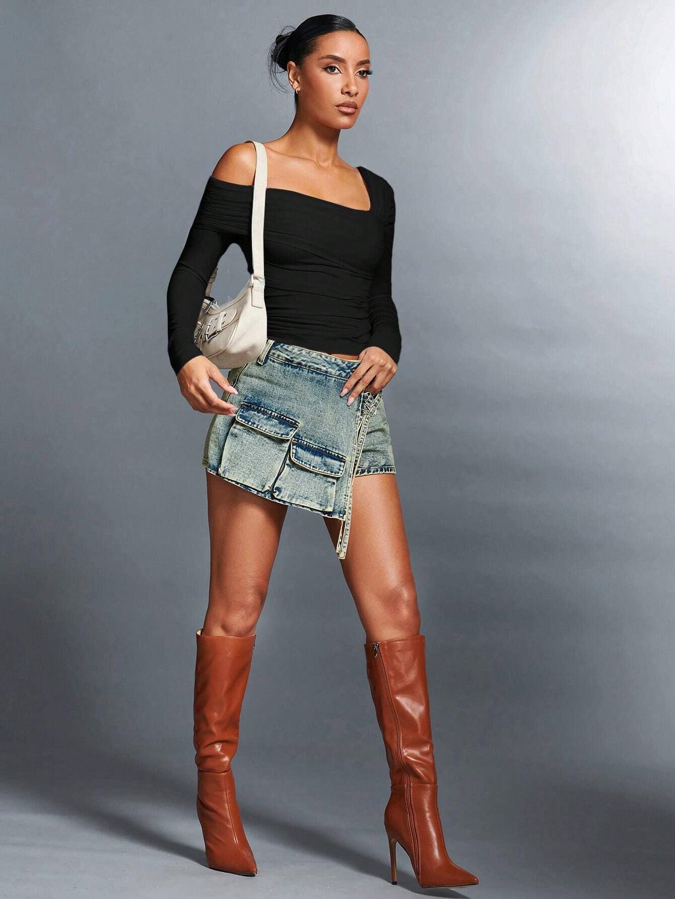 DESIGN SENSE IRREGULAR SQUARE NECK SHORT TOP