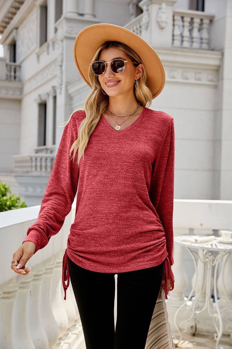 CWTBLL2853_FALL V-NECK DRAWSTRING LONG-SLEEVED TOP