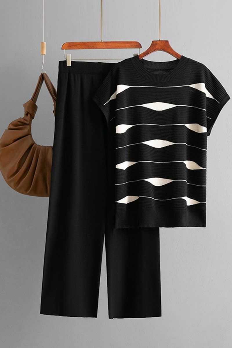 CWSTB00424_STRIPED KNIT TOP & HIGH WAIST WIDE LEG SET