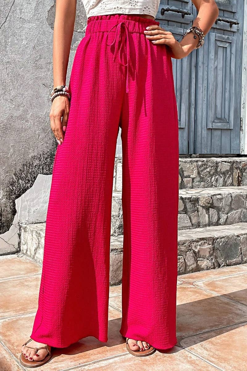 CWBMP0142_SUMMER CASUAL BUBBLE PLAID WIDE-LEG PANTS