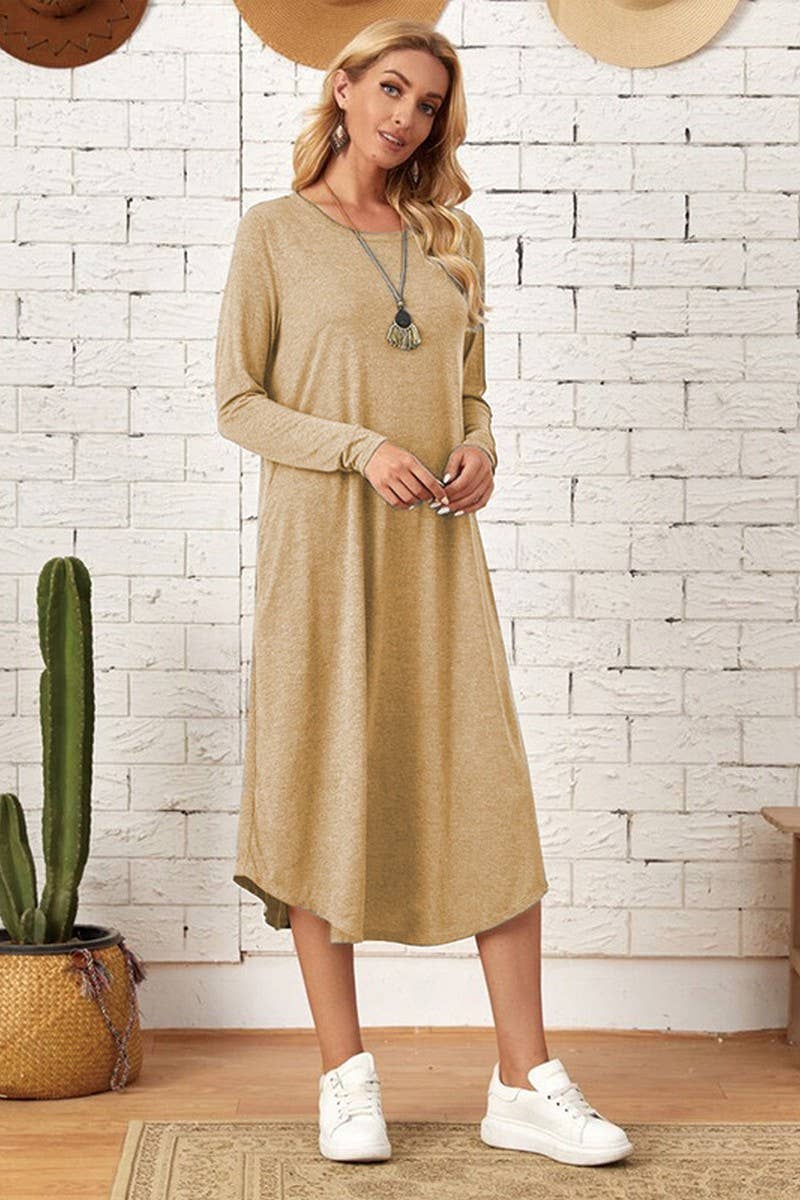 CWDMD3948_SOLID COLOR CASUAL LONG SLEEVE LONG DRESS