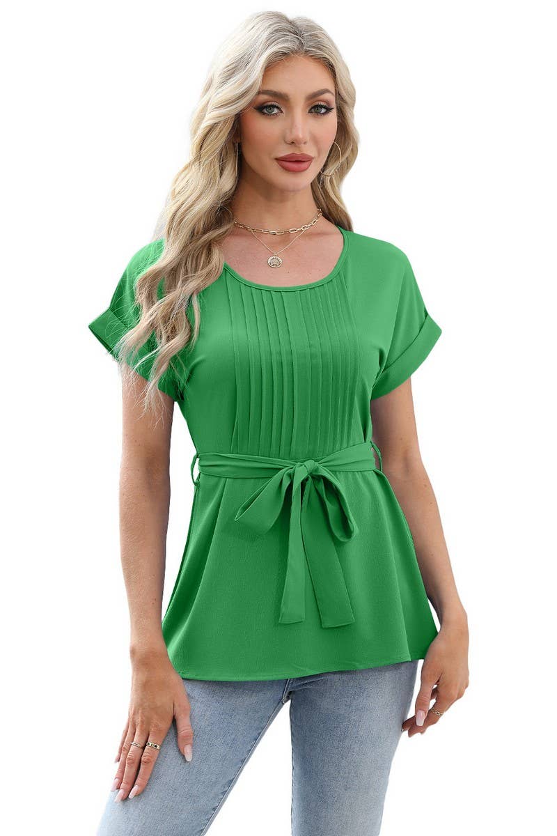 CWTBLS1698_TIE-UP RUFFLED CREW NECK SHORT-SLEEVED TOP