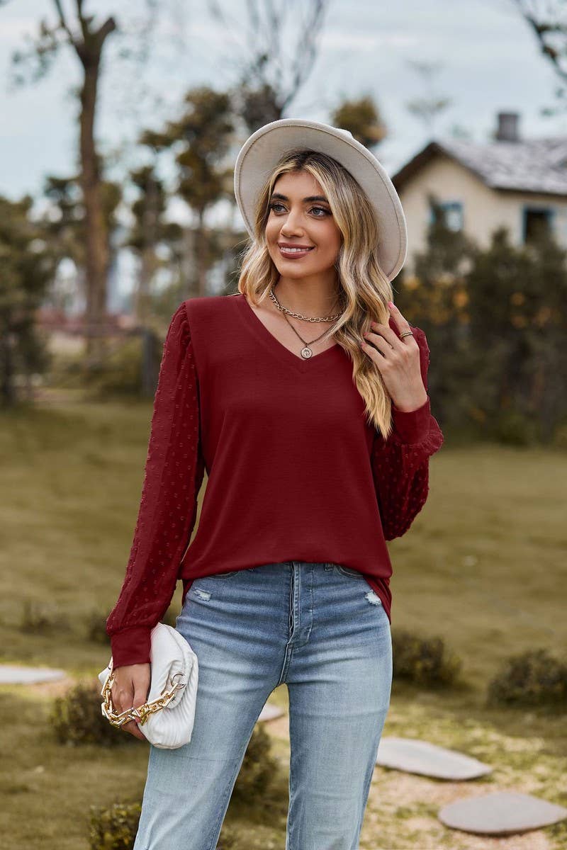 CWTBLL1047_LONG-SLEEVED V-NECK MESH PATCHWORK LOOSE TOP