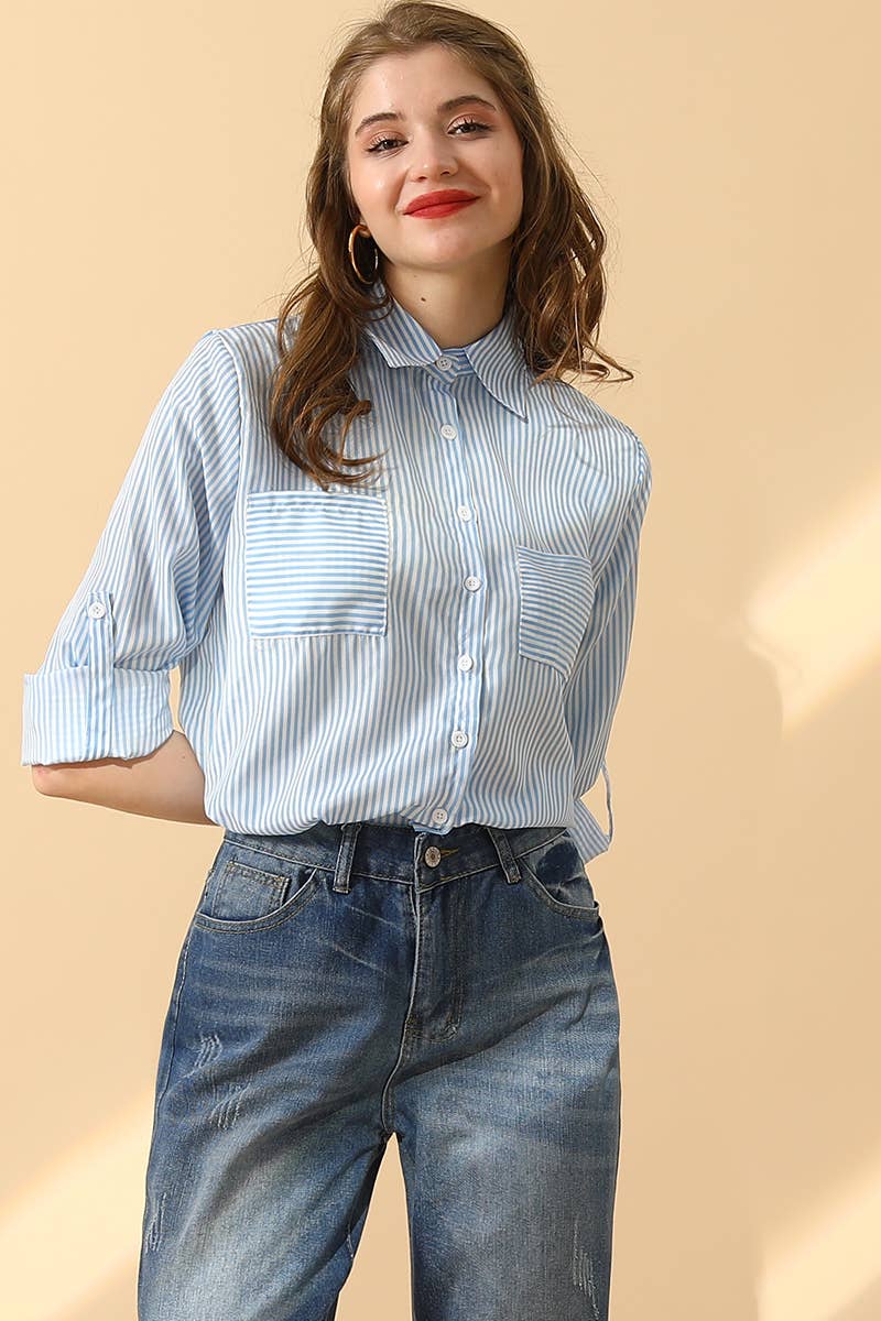 CWTSTL716_Striped Button Down Long Sleeve Collared Shirts