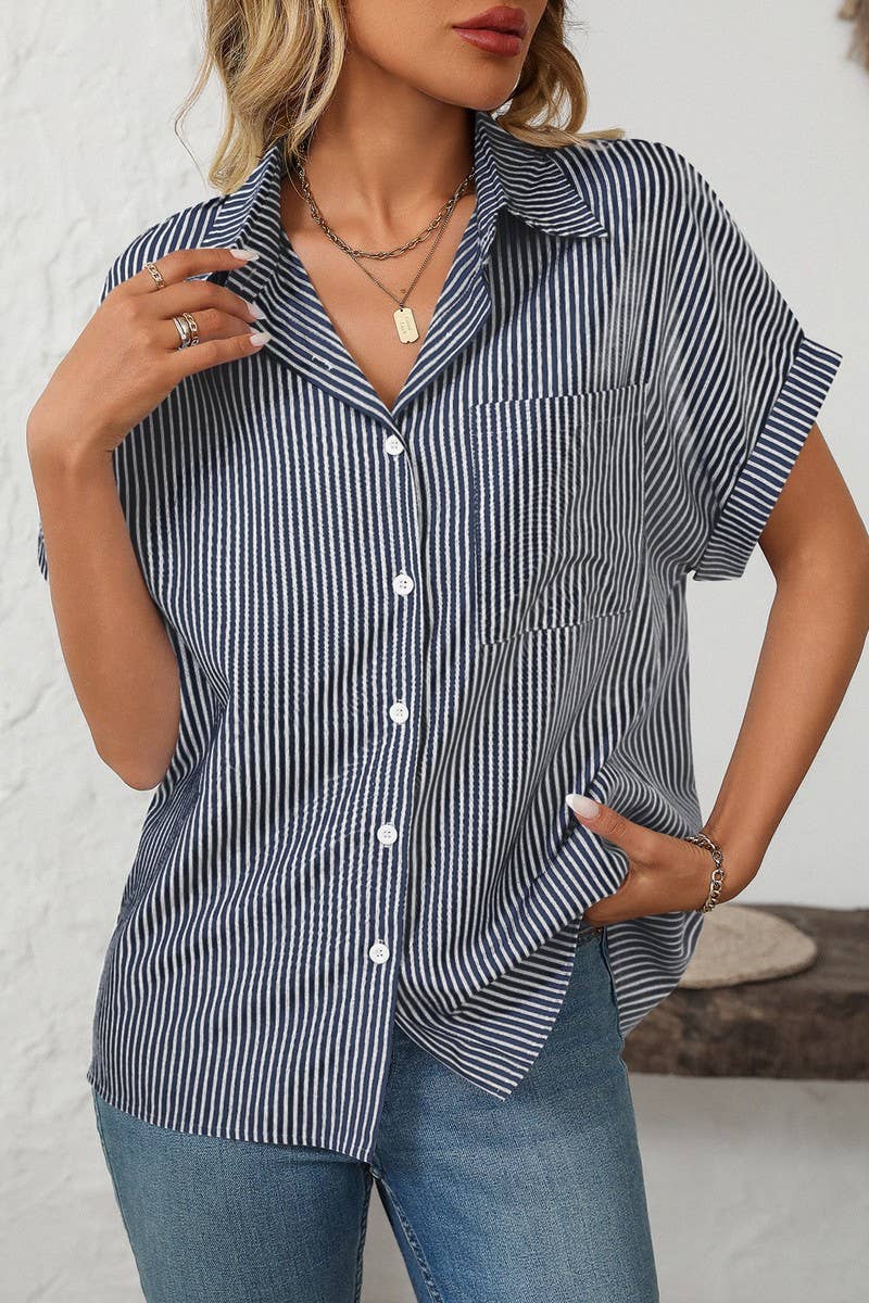 CWTSTS0568_LOOSE POCKET CASUAL STRIPED SHORT SLEEVE SHIRT