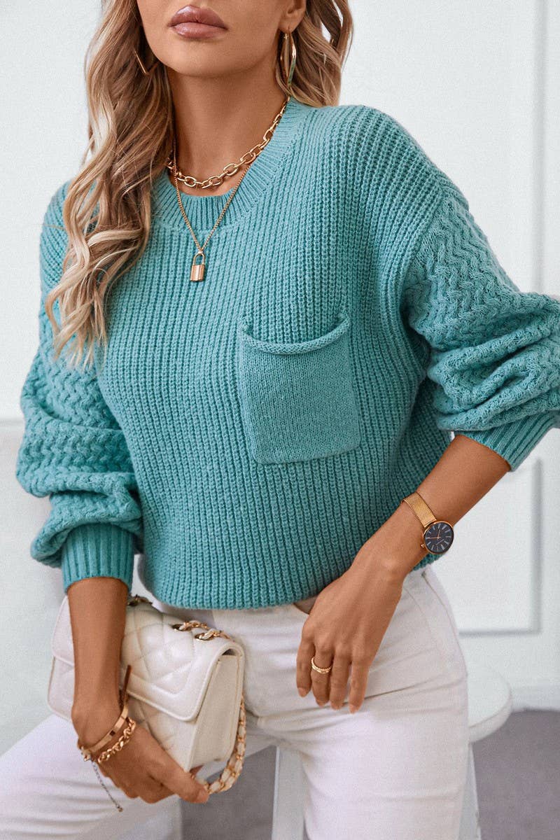 CWOSWL2838_SOLID COLOR POCKET ROUND NECK LONG SLEEVE SWEATER