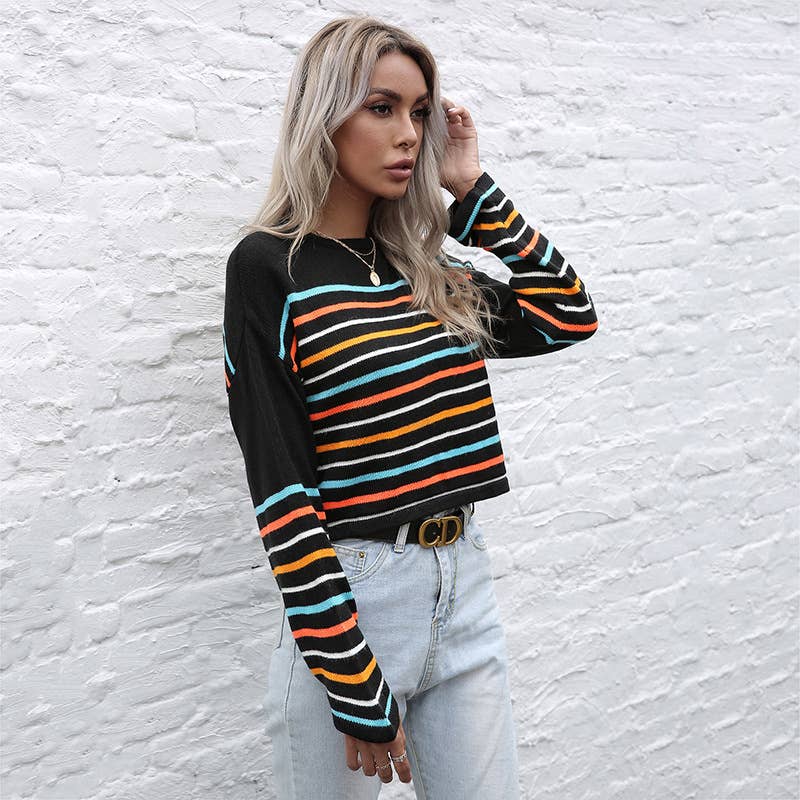 CREW-NECK FASHION COLORFUL STRIPED SWEATER