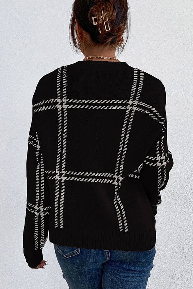 CWOSWL07350_PLAID COLORBLOCK CREWNECK KNIT SWEATER