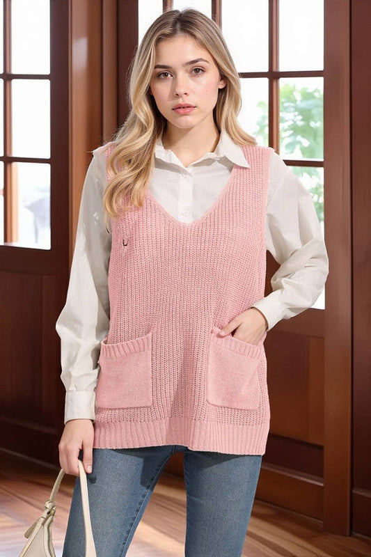 CWOSWL07395_WOMEN¡¯S V NECK KNIT VEST WITH POCKETS