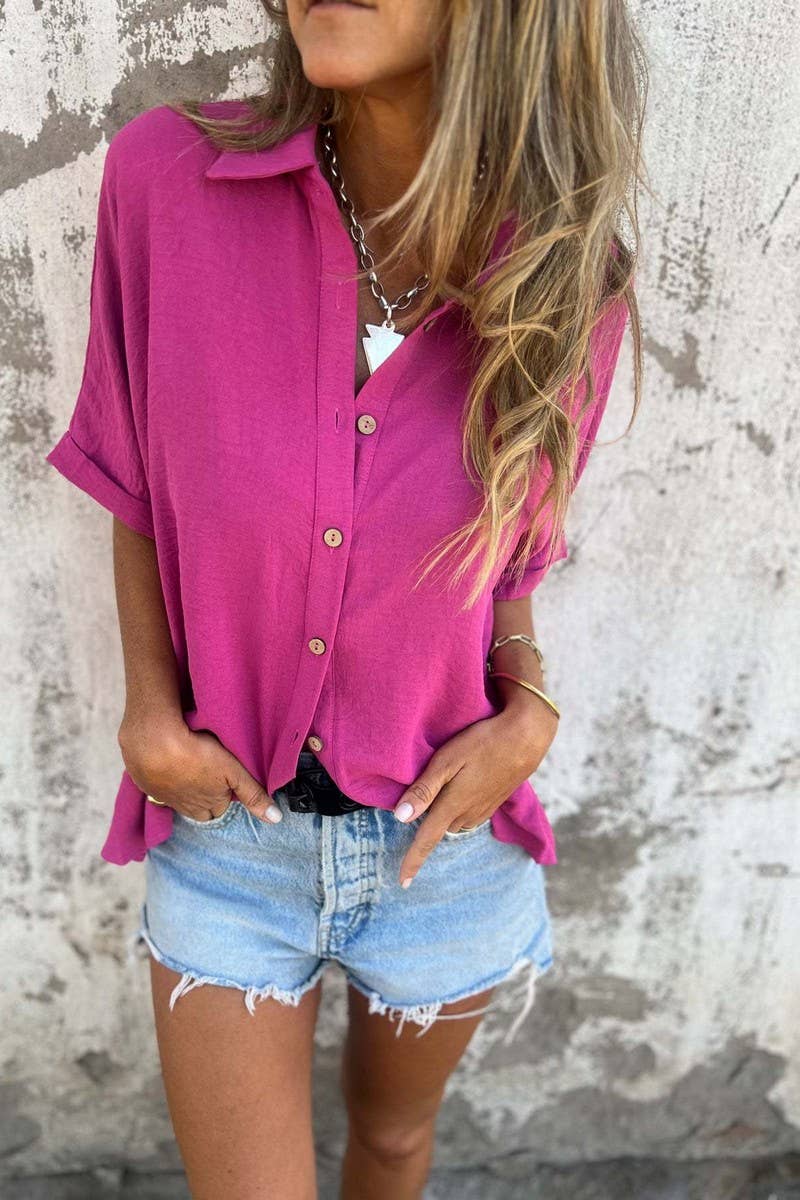 CWTBLS2329_SOLID CASUAL COLLARED BUTTON SHORT SLEEVE SHIRT