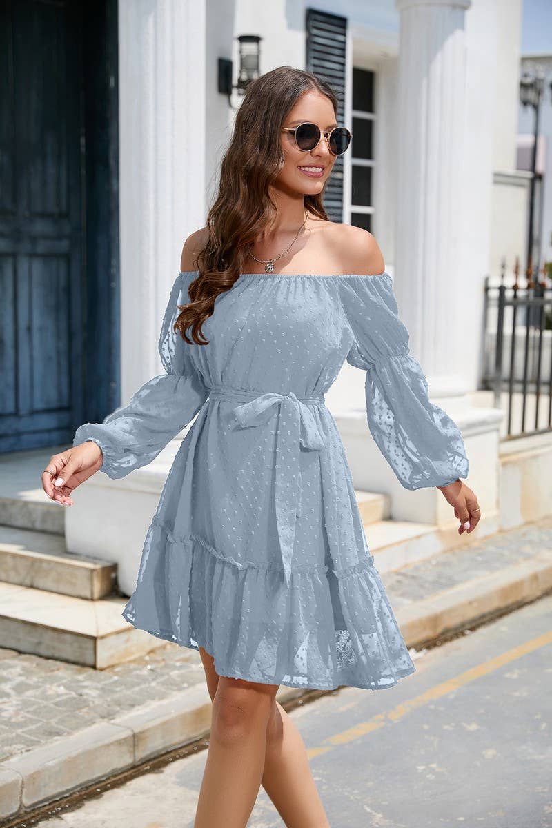 CWDSD8400_OFF SHOULDER POM POM CHIFFON BELTED DRESS