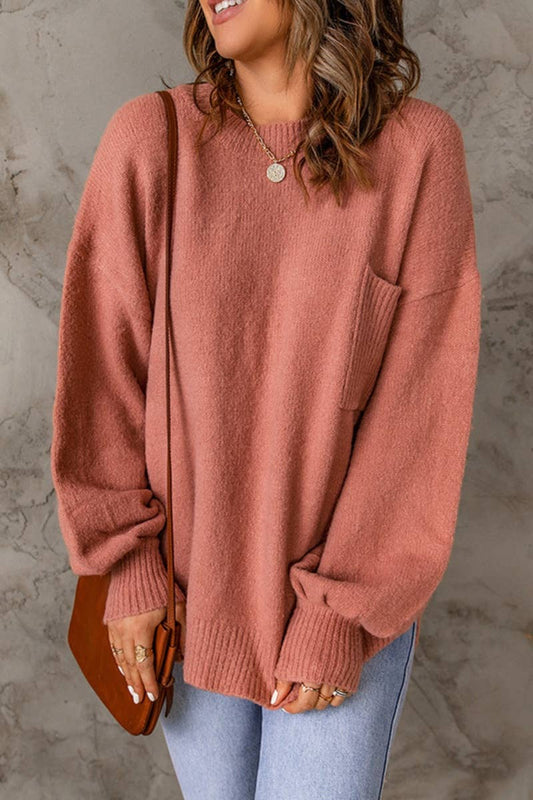 CWOSWL6661_CREW-NECK LONG-SLEEVED SOLID COLOR POCKET SWEATER