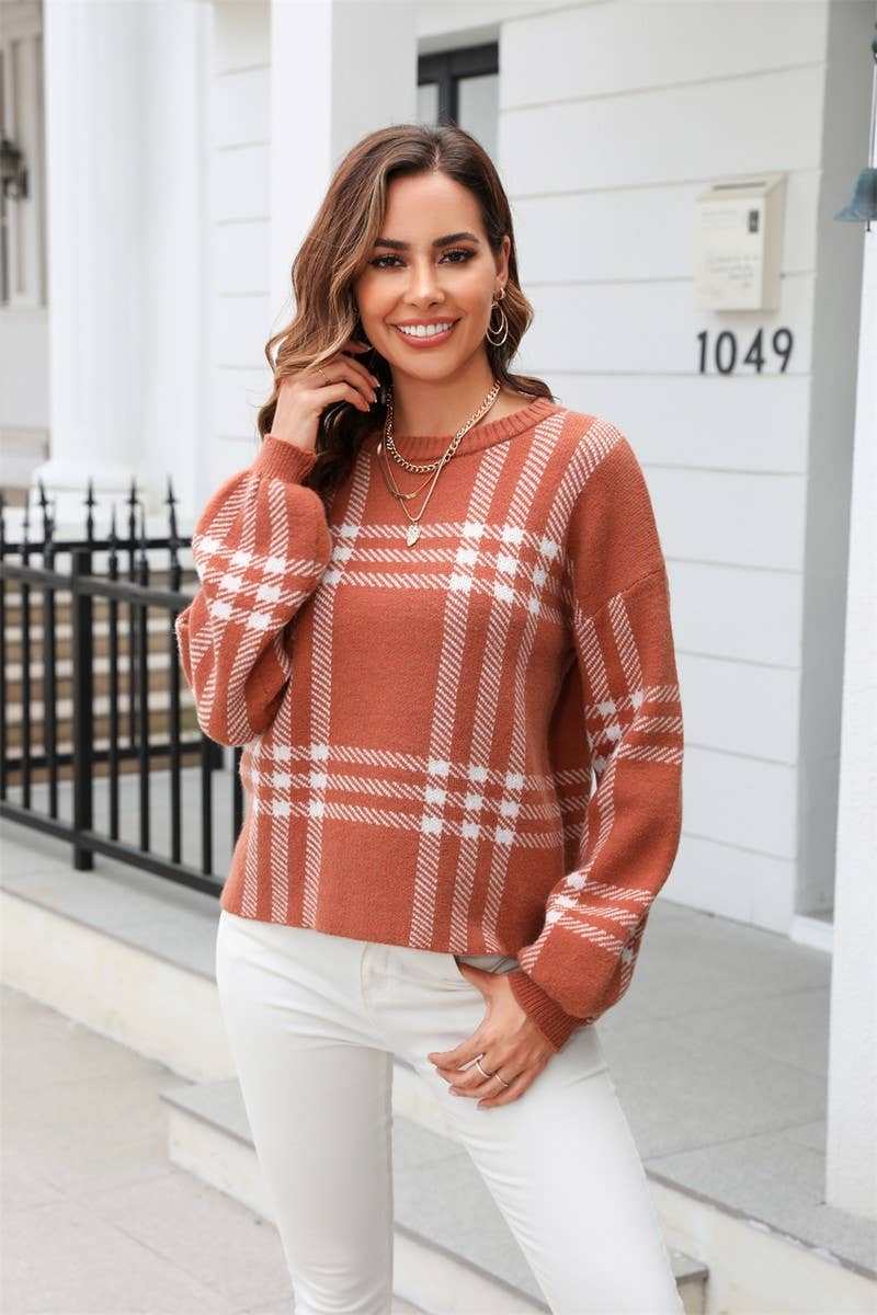CWOSWL1693_Crew Plaid Neck Long Sleeve Pullover Sweater