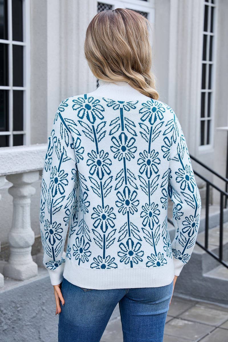 CWOSWL3108_CASUAL TURTLENECK PULLOVER FLORAL KNITTED SWEATER