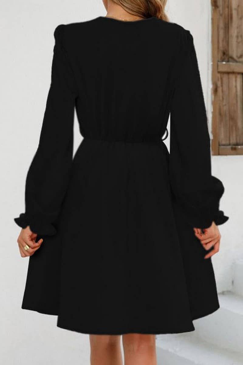 CWDSD7204_NEW LANTERN SLEEVE LACE TASSEL BELT DRESS