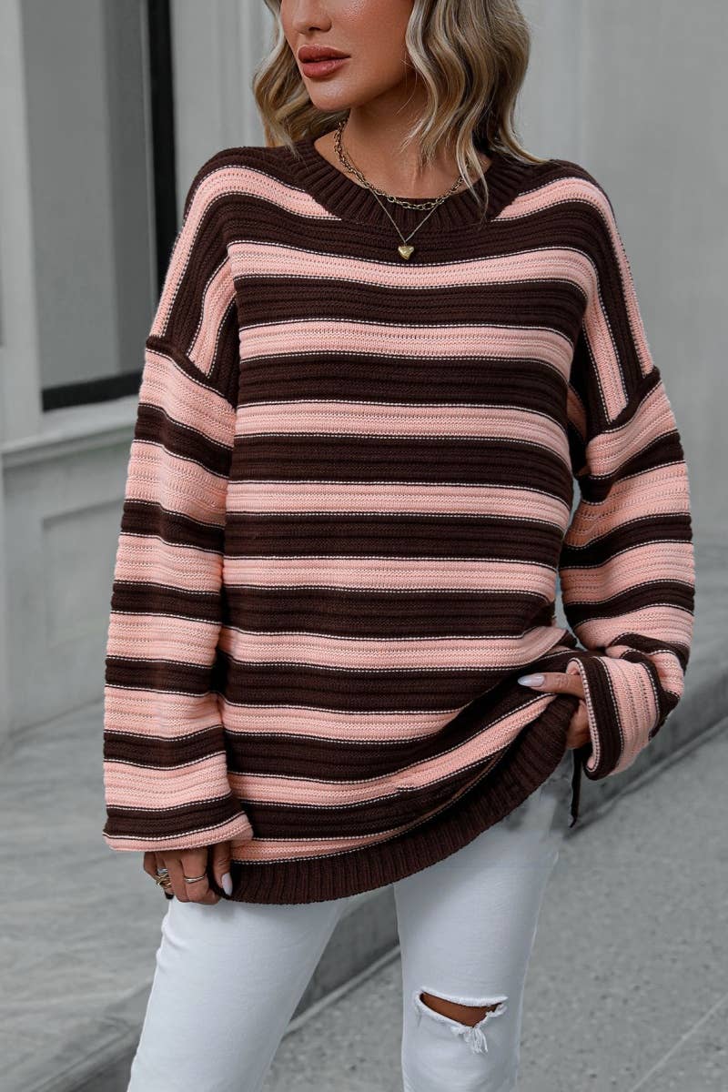 CWOSWL6517_KNITTED CREW-NECK STRIPED LONG-SLEEVED SWEATER