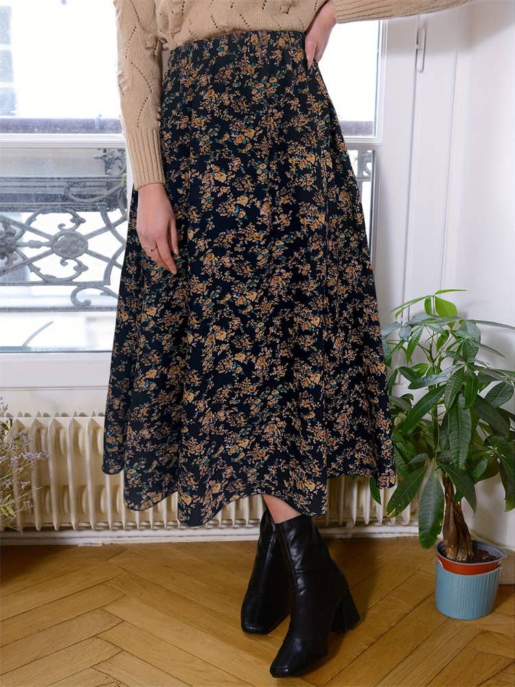 Elastic waist floral print A-line skirt