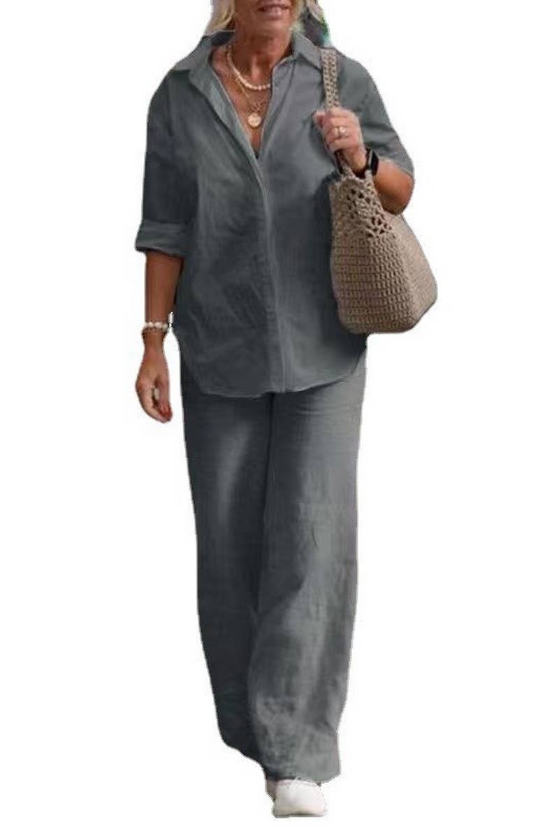 CWSTB00382_SOLID LAPEL SHIRT AND WIDE LEG PANTS SET