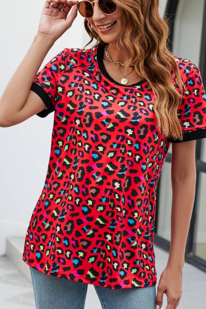 CWTBLS0348_V-Neck Short Sleeve Print Top