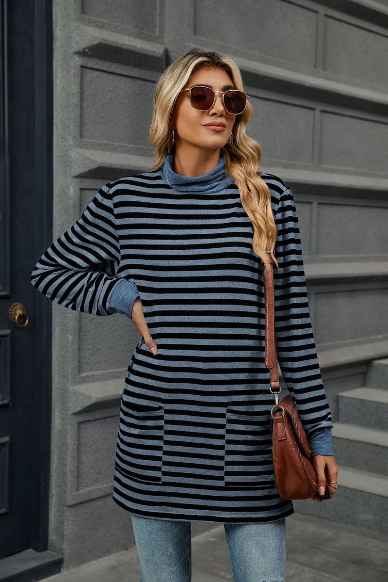 CWTBLL2357_HALF TURTLENECK STRIPED KNITTED LONG SLEEVE TOP