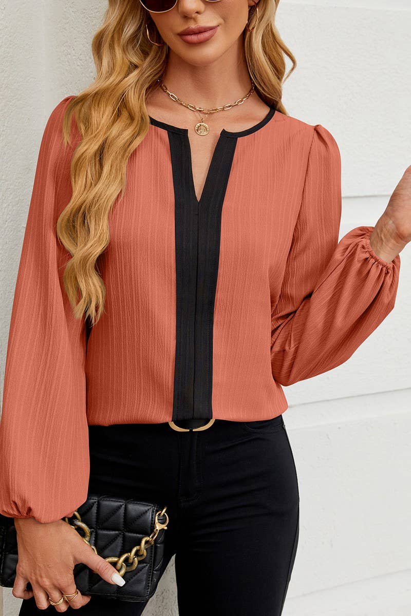 CWTBLL4010_COLORBLOCK V-NECK PUFF SLEEVE BLOUSE