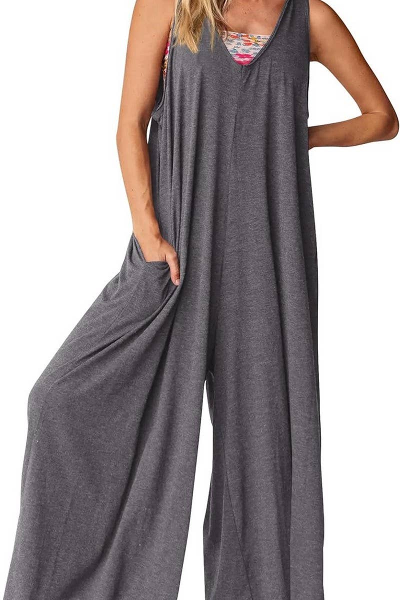 CWSJS00260_LOOSE SLEEVELESS VEST V-NECK WIDE-LEG JUMPSUIT
