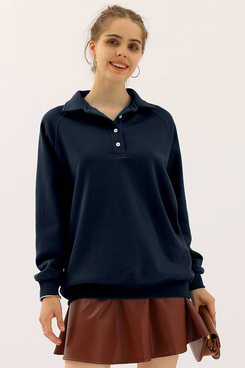 CWTTL906_BUTTON COLLAR RAGLAN LONG SLEEVE CASUAL SWEATSHIRT
